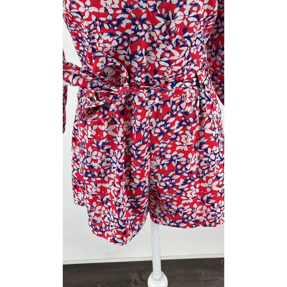Yumi Kim Womens Floral Belted Romper Size 8 V Neck Red Blue White